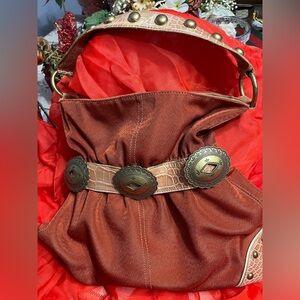 Orange and Bronze Handbag with Decorative Belt